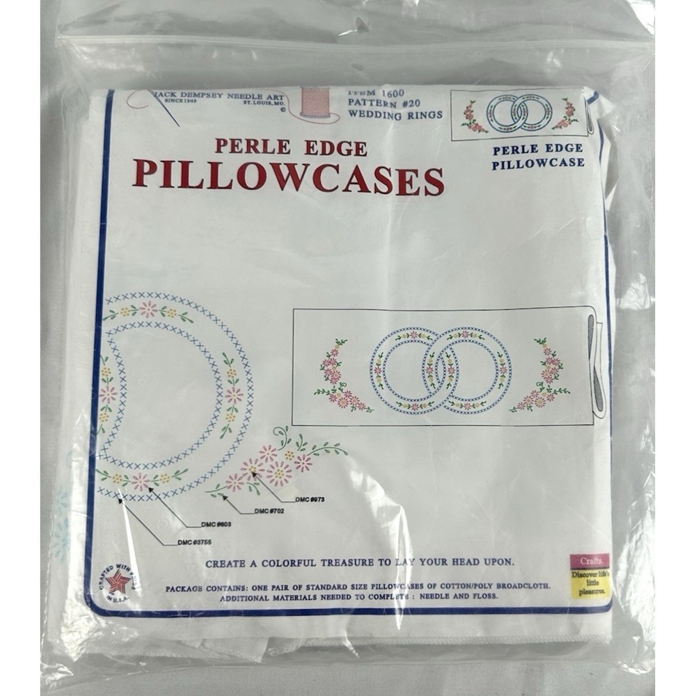 JDNA Perle Edge Stamped Pillowcase Pair Wedding Rings Pattern #20 New In Package